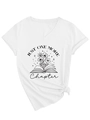 Detail of V-neck white tee featuring Just One More Chapter book and floral illustration - S / White (Black Print)