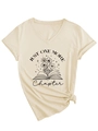 Detail of V-neck beige t-shirt with floral book print and stylish knotted hem design - S / Sand (Black Print)