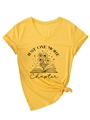 Detail of V-neck yellow t-shirt with book and flowers print plus rolled sleeves - S / Yellow (Black Print)