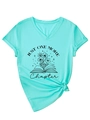 Detail of V-neck mint green T-shirt with 'Just One More Chapter' book floral print - S / Deep Water Blue (Black Print)