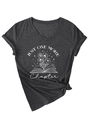 Détail du t-shirt gris foncé col en V avec imprimé floral et nœud élégant à l'ourlet - S / Gris Chiné (Imprimé Blanc)