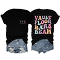Detail of black crew neck gymnastics T-shirt with Vault Floor Bars Beam colorful prints - Black