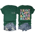 Flat lay of women's green gym t-shirt showing vault floor bars beam back print detail - Vintage Green