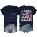Flat lay of navy crew neck gymnastic t-shirt with vault floor bars beam back print - Navy Blue