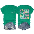 Front and back view of green t-shirt with vault floor bars beam text and denim shorts - Dark Green