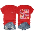 Detail of red crew neck cotton T-shirt featuring retro gymnast graphic and text print - Red