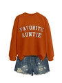 Detail of Favorite Auntie sweatshirt featuring arched colorful letters on orange fabric - Burnt Orange