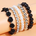 Five-piece multi-layer bracelet set with flower, pearl beads, and sparkling crystal stones - Black