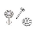 Silver G23 titanium labret stud with flat back and clear round zirconia inlay - Round Zirconia Style (TIE2460-ST)