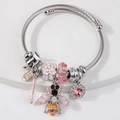 Silver twisted bangle with pink crystal bee charms and floral enamel pendants - Pink