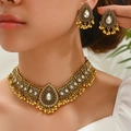 Ethnic peacock necklace and earrings jewelry set in gold finish with crystal fringe - White