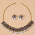 Vintage gold peacock necklace and earring set with blue stones and pearl tassels - Blue Style (1118220)