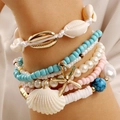 Bohemian multi-layer bracelet set with natural shells, starfish charms, and blue beads - Light Blue (090160)