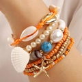 Bohemian multi-layer bracelet set featuring starfish, shells, turquoise and orange beads - Orange (8090162)
