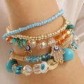 Bohemian multi-layer gold bead bracelet set with Hamsa Hand and Evil Eye charms - Blue
