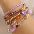 Bohemian multi-layer purple beaded bracelet set with gold Fatima Hand and Evil Eye charms - Purple