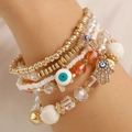 Bohemian multilayer beaded bracelet set with Hamsa Hand and Evil Eye charms for women - White