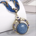 Bohemian retro long necklace with blue marble pendant and colorful beaded strands - Ink Blue