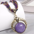 Bohemian purple stone round pendant necklace with vintage gold frame and beaded chain - Purple