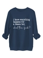 Detail of navy crewneck sweatshirt showing white typography text and ribbed cuffs - S / Navy Blue