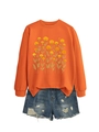 Détail de l'imprimé floral souci sur sweatshirt orange et ensemble short en jean - S / Orange