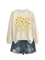 Sweat-shirt crème pour femme avec imprimé souci et short en jean bleu délavé à plat - Sable