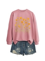Vue détaillée d'un sweat-shirt rose à manches longues avec imprimé floral souci jaune - Or rose