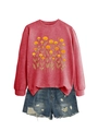 Détail de l'imprimé floral souci jaune sur la texture du sweat-shirt rouge brique - Rouge