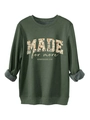 Detail of dark green sweatshirt showing floral MADE lettering and soft fleece lining - S / Army Green