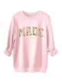 Detail of floral-filled 'MADE' text print on pink fleece sweatshirt with ribbed collar - S / Pink