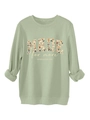 Close-up of sage green sweatshirt featuring floral print MADE FOR MORE lettering and scripture - S / Olive Green