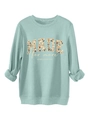 Detail of floral letter print and Bible scripture on mint green crewneck sweatshirt - S / Light Green