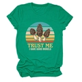 Flat lay of bright green cotton T-shirt featuring vintage mushroom graphic and text print - S / Dark Green
