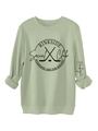 Detail of sage green crewneck sweatshirt showing ribbed collar and Rinkside Social Club print - Olive Green