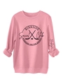 Detail of pink crewneck sweatshirt with Rinkside Social Club hockey print and ribbed cuffs - Peach