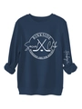 Detail of navy blue sweatshirt showing white hockey print and ribbed cuffs for a retro style - Navy Blue