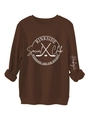 Detailed view of ribbed neckline and hockey themed graphics on coffee brown sweatshirt - Coffee