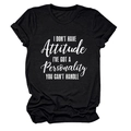 Close-up of the slogan print on this black cotton blend crew neck t-shirt for women - S / Black (White Text)