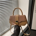 Bruine vintage crossbodytas met visgraatpatroon flap en gouden ronde gesp - Khaki
