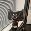 Black glitter shoulder bag with silver butterfly chain and pearl accents for women - Black