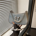 Light blue denim crescent bag with silver bow, pearl chain and rope shoulder strap - Light Blue