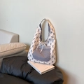 Sac fourre-tout en toile à fleurs avec poche à carreaux noirs et nœuds en dentelle - Noir Face A (Rayé)