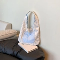 Sac fourre-tout à fleurs avec nœuds bleus, poche à carreaux et dentelle en coton doux - Bleu Face A (Rayé)