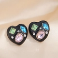 Fashionable heart earrings with colorful rhinestones on a silk background - Black