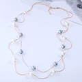 Double-layer long pearl sweater necklace with white and silver-grey pearls on gold chain - Grayish White