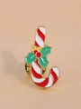 Broche émaillée en forme de sucre d'orge de Noël avec feuilles de houx vertes - Canne de Bonbon