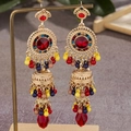 Ethnic Jhumka earrings with vintage gold finish, red faceted stones and colorful bead tassels - Colorful