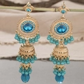 Ethnic Jhumka earrings with royal blue stones and beaded tassels in gold finish - Blue