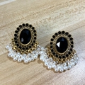 Boucles d'oreilles baroques avec grosse pierre noire et pampilles de perles - Noir