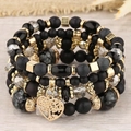 Detail of bohemian multilayer beaded bracelet set with hollow heart tree of life charm - Black